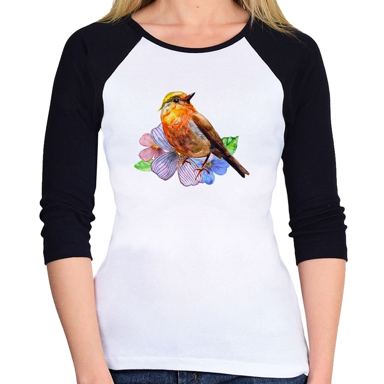Baby Look Raglan Pássaro e Flores Manga 3/4