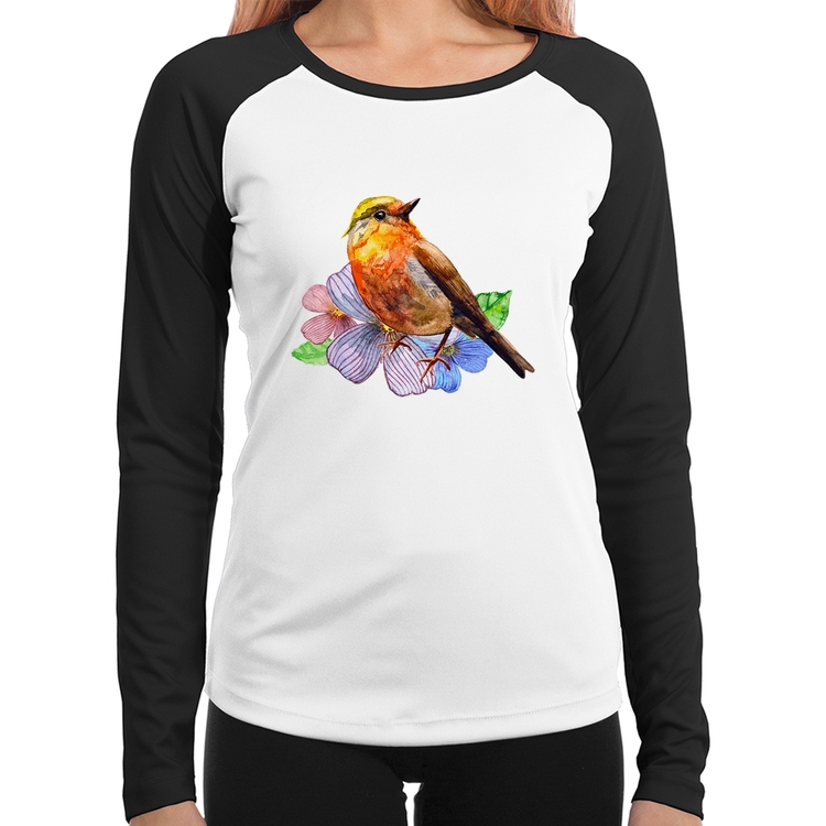 Baby Look Raglan Pássaro e Flores Manga Longa