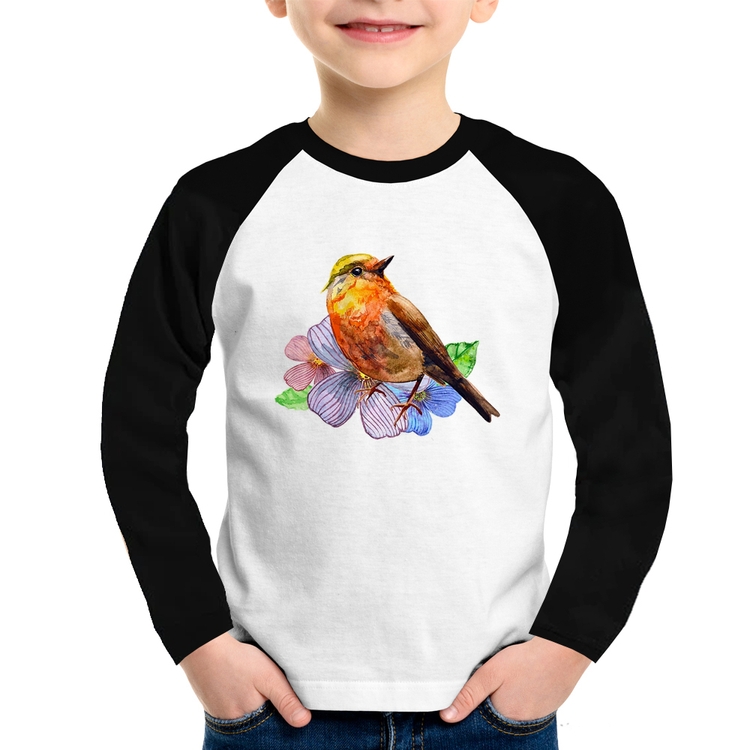 Camiseta Raglan Infantil Pássaro e Flores Manga Longa