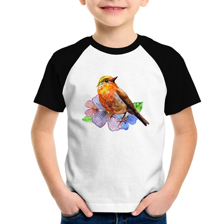 Camiseta Raglan Infantil Pássaro e Flores