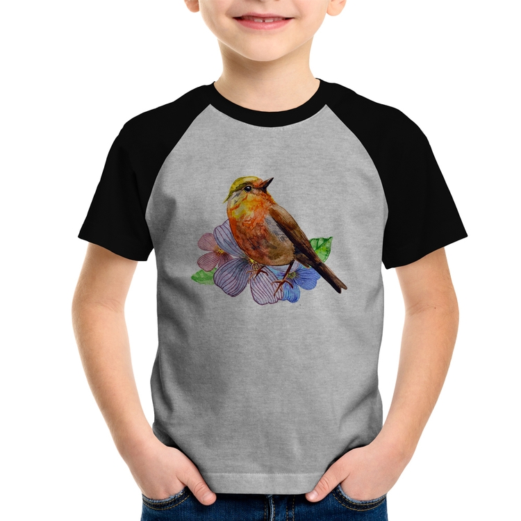 Camiseta Raglan Infantil Pássaro e Flores - Cinza/Preto