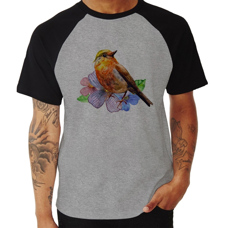 Camiseta Raglan Pássaro e Flores - Cinza/Preto