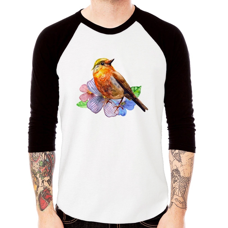 Camiseta Raglan Pássaro e Flores Manga 3/4