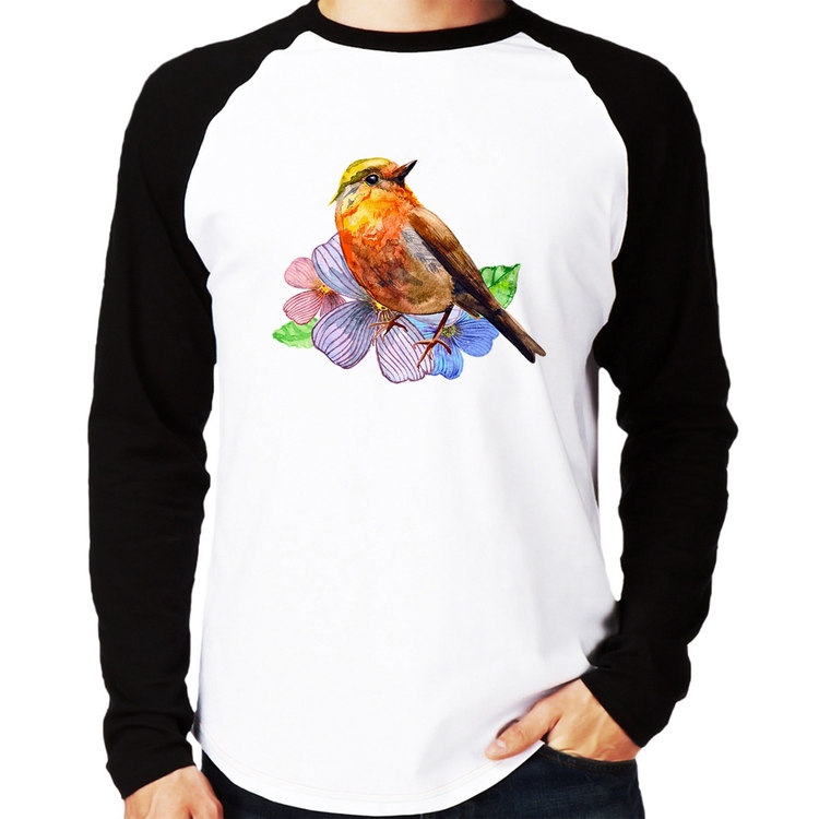 Camiseta Raglan Pássaro e Flores Manga Longa