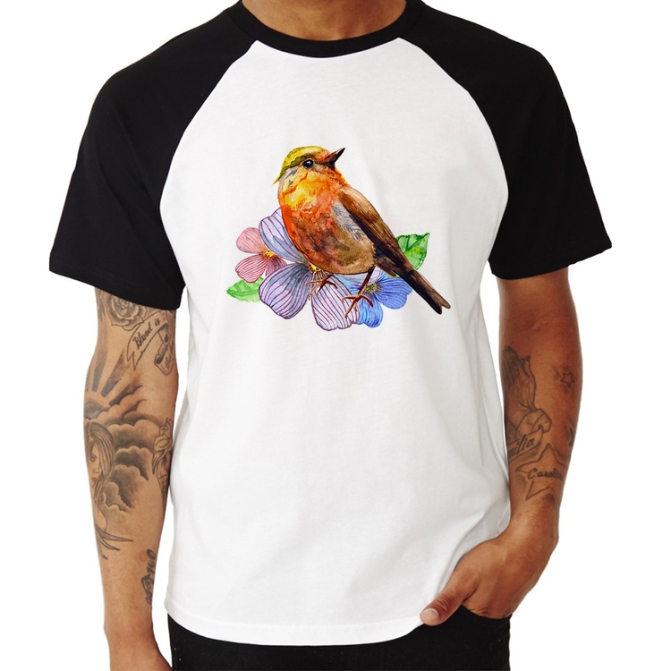 Camiseta Raglan Pássaro e Flores