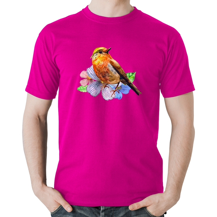 Camiseta Algodão Pássaro e Flores - Rosa