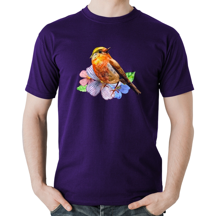 Camiseta Algodão Pássaro e Flores - Roxa