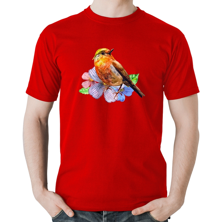 Camiseta Algodão Pássaro e Flores - Vermelha