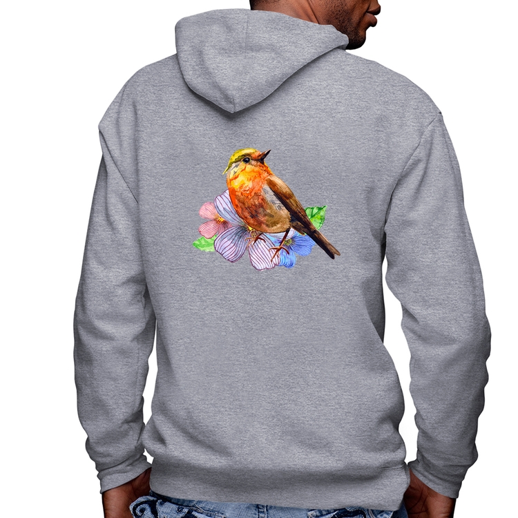 Blusa Moletom Pássaro e Flores Masculina com Capuz e Zíper - Mescla