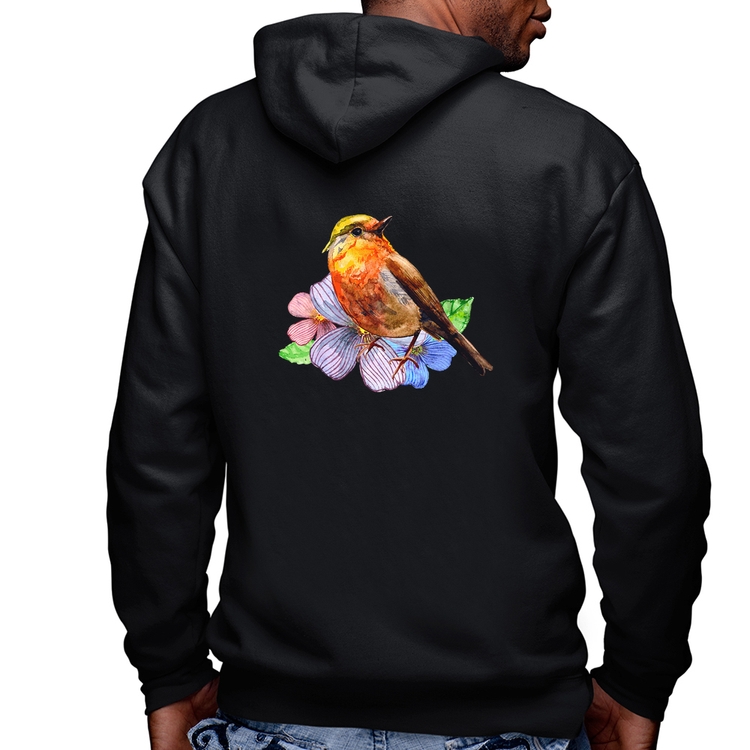 Blusa Moletom Pássaro e Flores Masculina com Capuz e Zíper