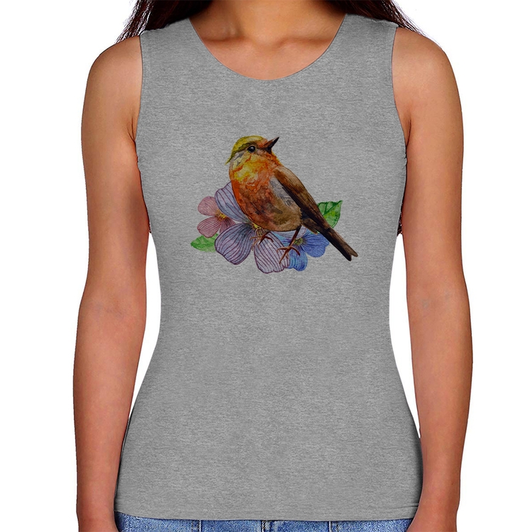 Regata Feminina Pássaro e Flores - Cinza