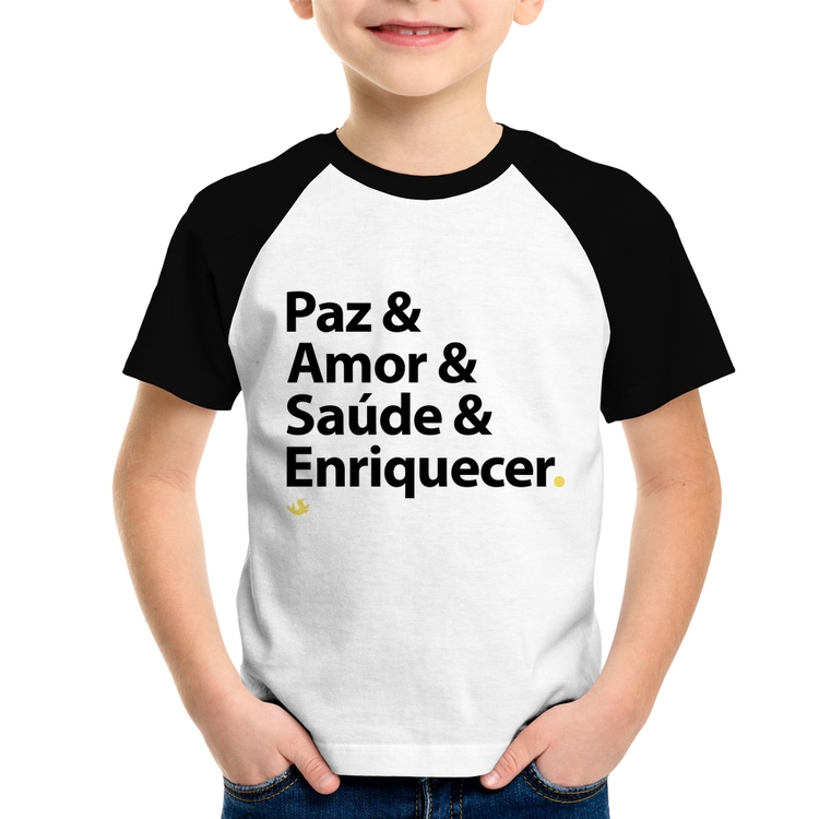 Camiseta Raglan Infantil Paz & Amor & Saúde & Enriquecer