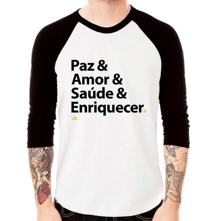 Camiseta Raglan Paz & Amor & Saúde & Enriquecer Manga 3/4