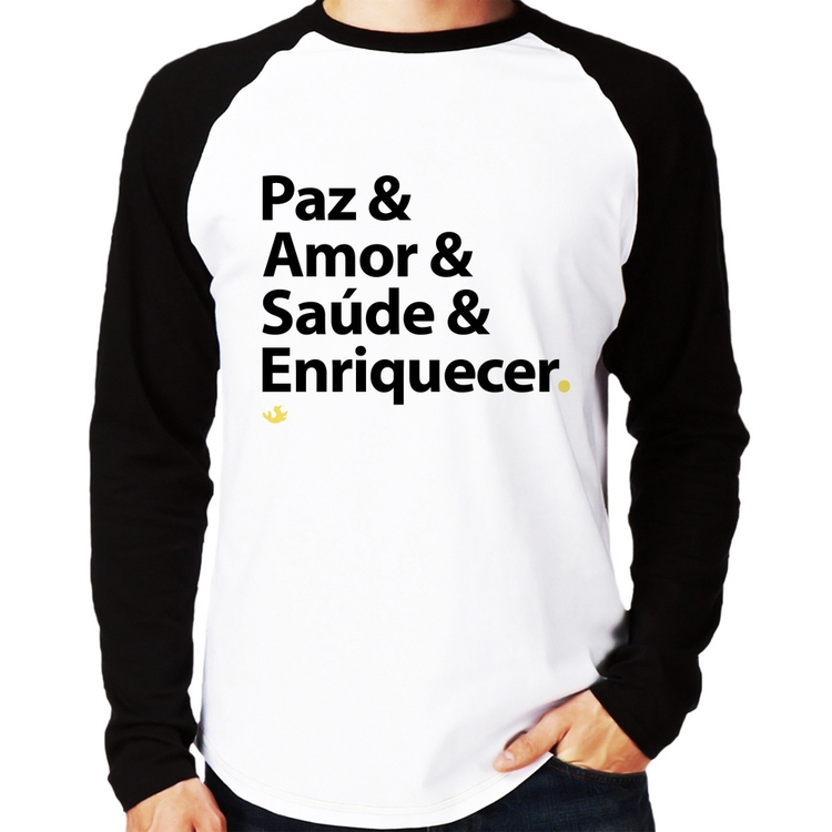 Camiseta Raglan Paz & Amor & Saúde & Enriquecer Manga Longa