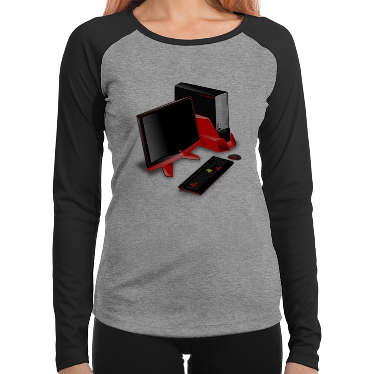 Baby Look Raglan PC Gamer Manga Longa - Cinza/Preto