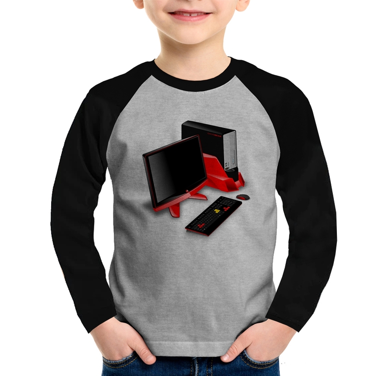 Camiseta Raglan Infantil PC Gamer Manga Longa - Cinza/Preto