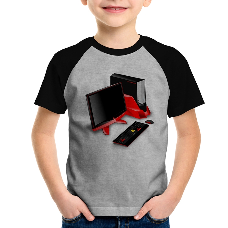 Camiseta Raglan Infantil PC Gamer - Cinza/Preto