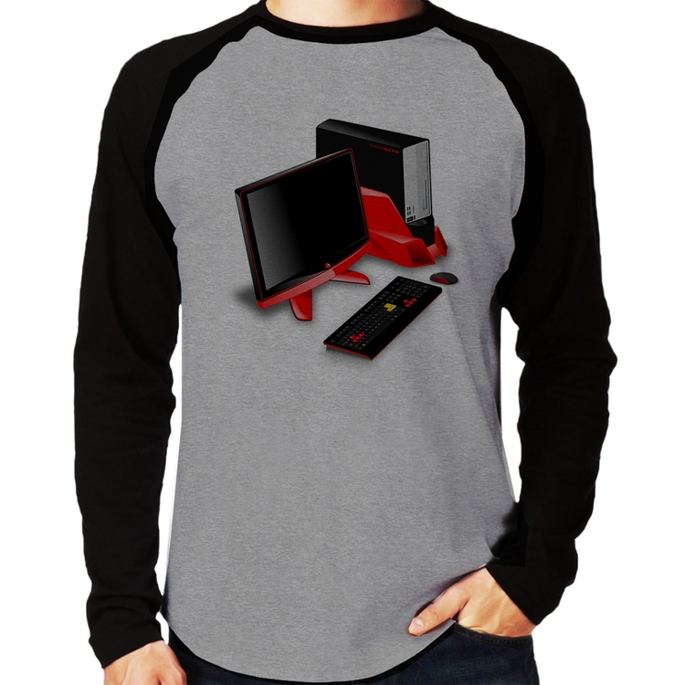 Camiseta Raglan PC Gamer Manga Longa - Cinza/Preto