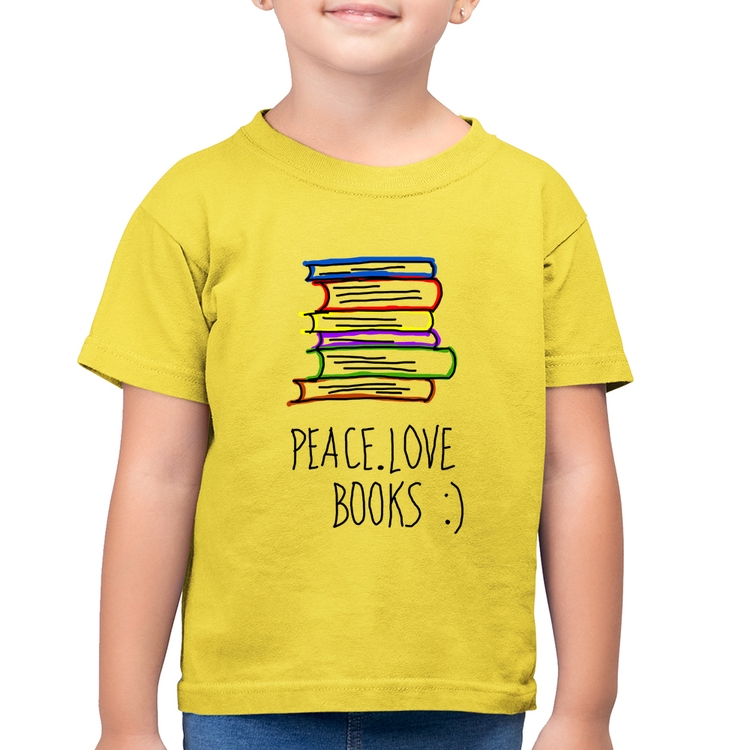 Camiseta Algodão Infantil Peace Love Books - Amarelo Canário