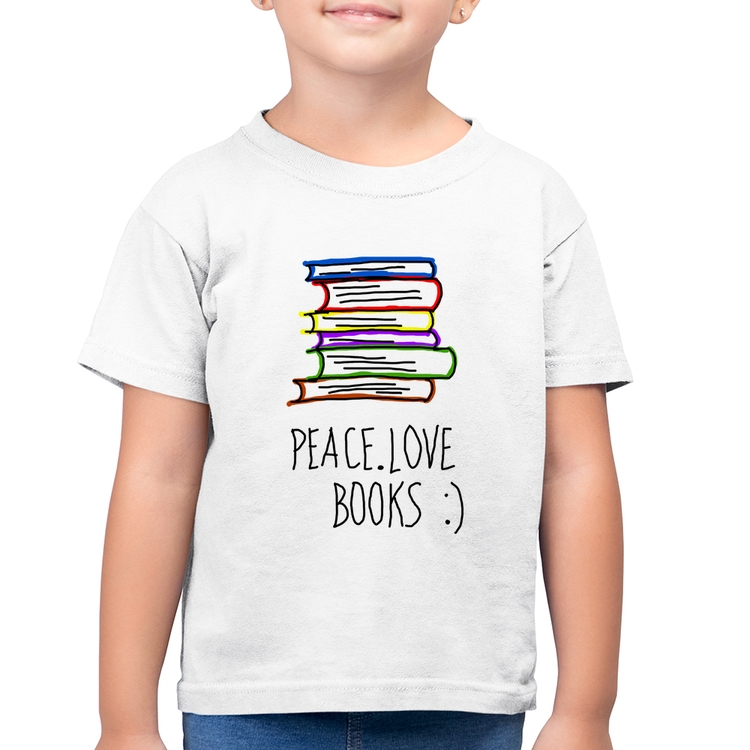 Camiseta Algodão Infantil Peace Love Books - Branca