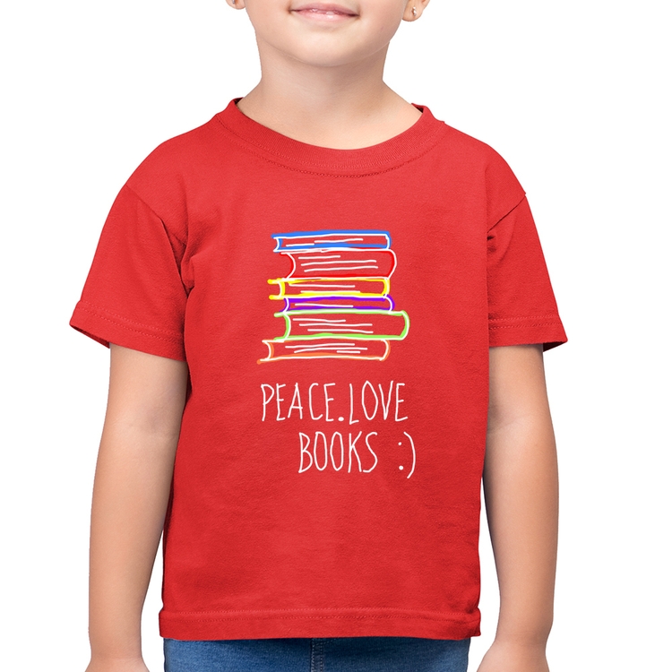 Camiseta Algodão Infantil Peace Love Books - Vermelha