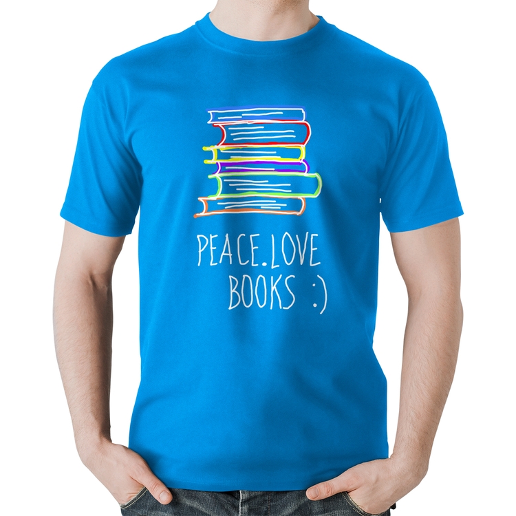 Camiseta Algodão Peace Love Books - Azul