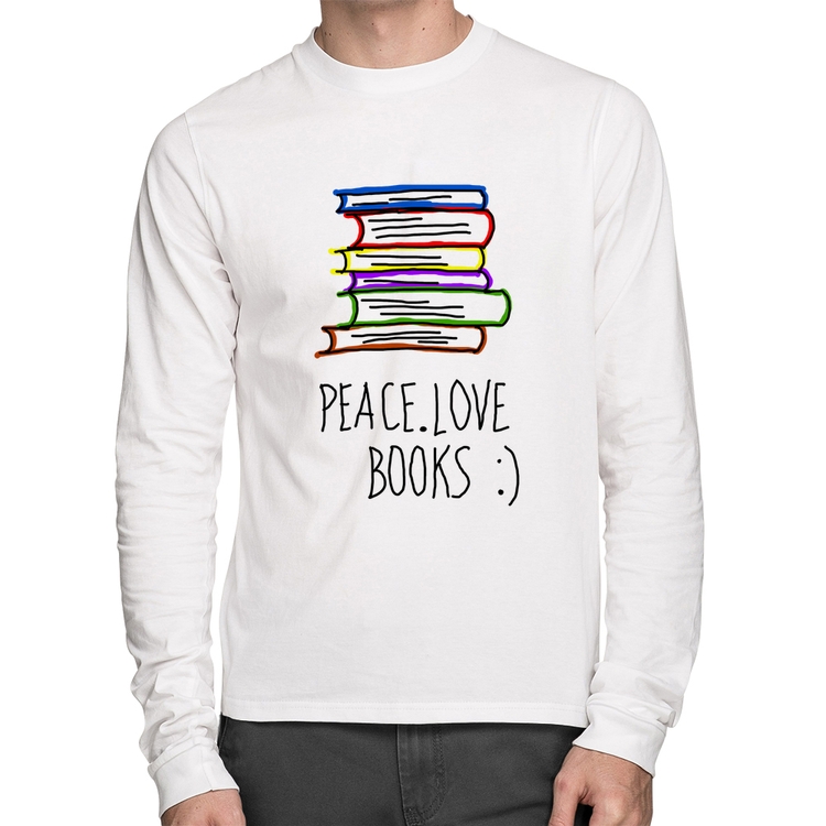Camiseta Algodão Peace Love Books Manga Longa - Branca