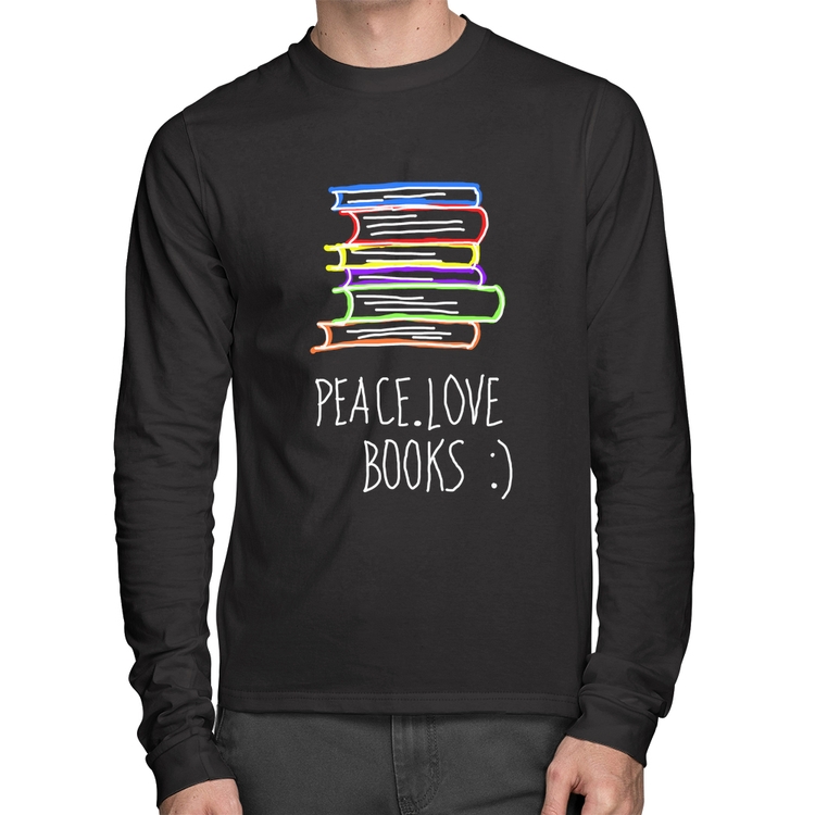 Camiseta Algodão Peace Love Books Manga Longa