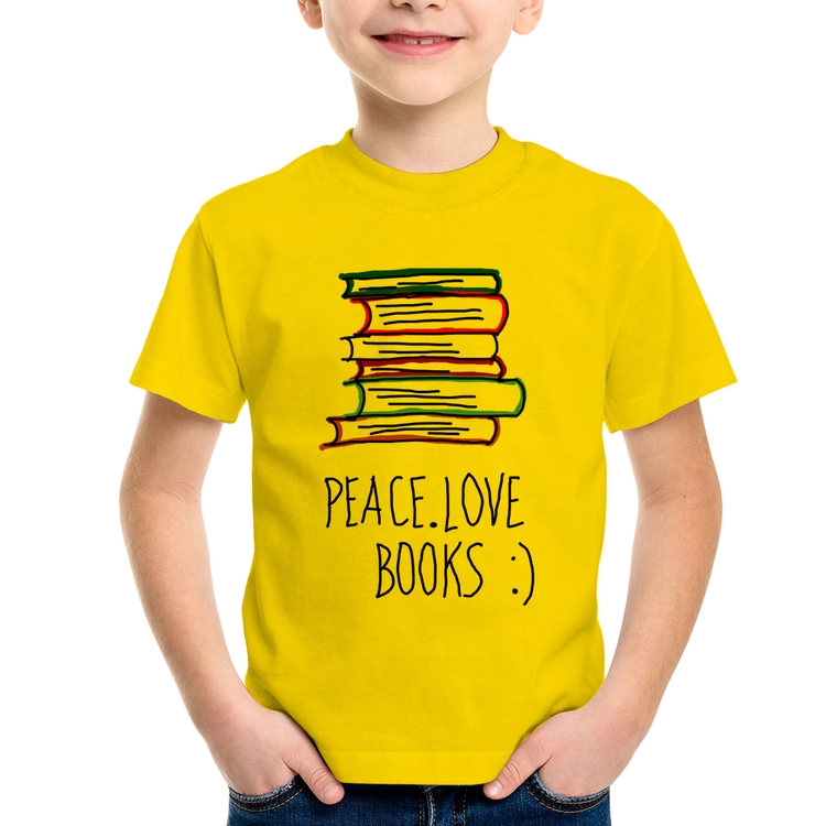 Camiseta Infantil Peace Love Books - Amarela