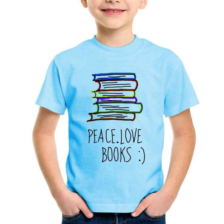 Camiseta Infantil Peace Love Books - Azul Bebê
