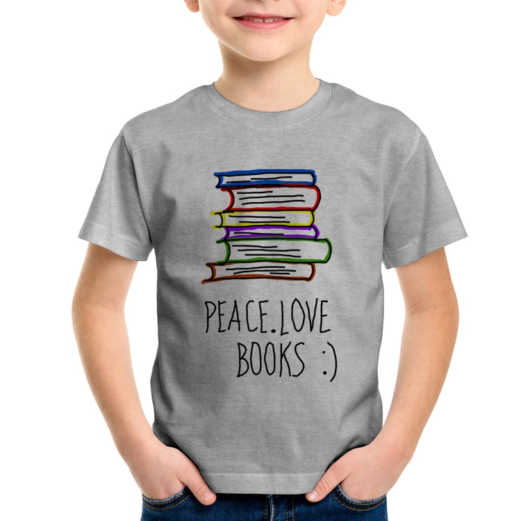 Camiseta Infantil Peace Love Books - Cinza