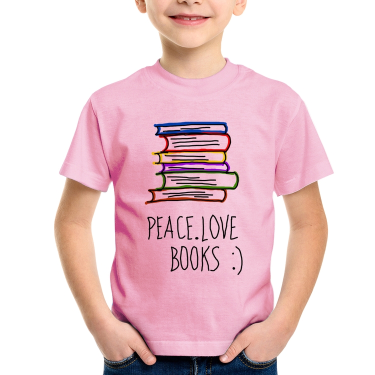 Camiseta Infantil Peace Love Books - Rosa Bebê