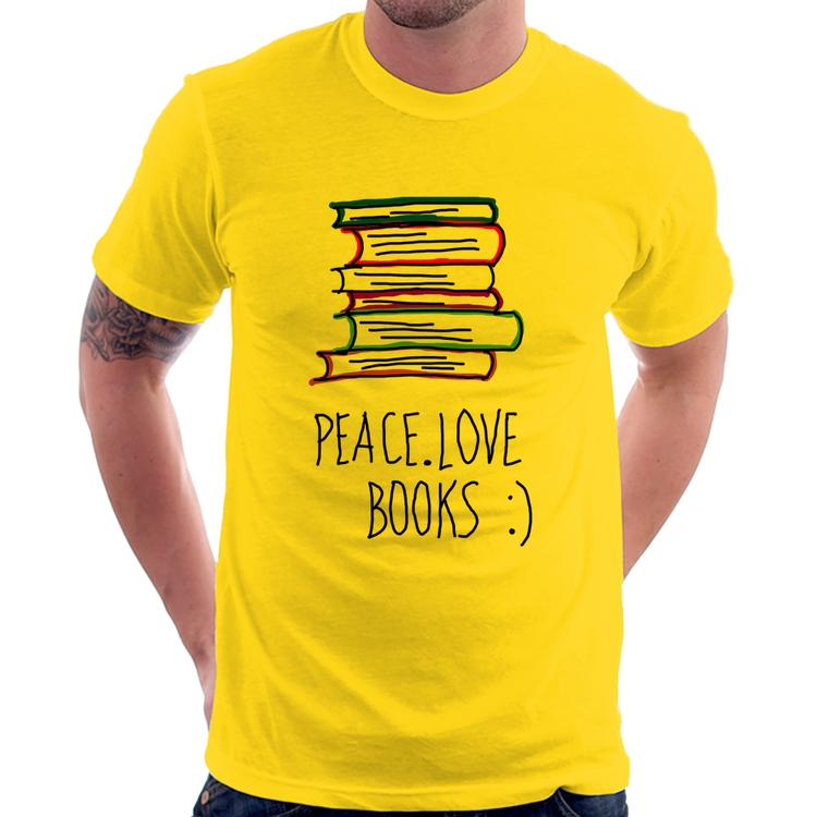 Camiseta Peace Love Books - Amarela