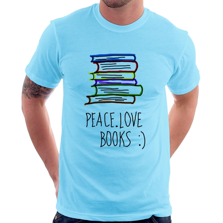 Camiseta Peace Love Books - Azul Bebê