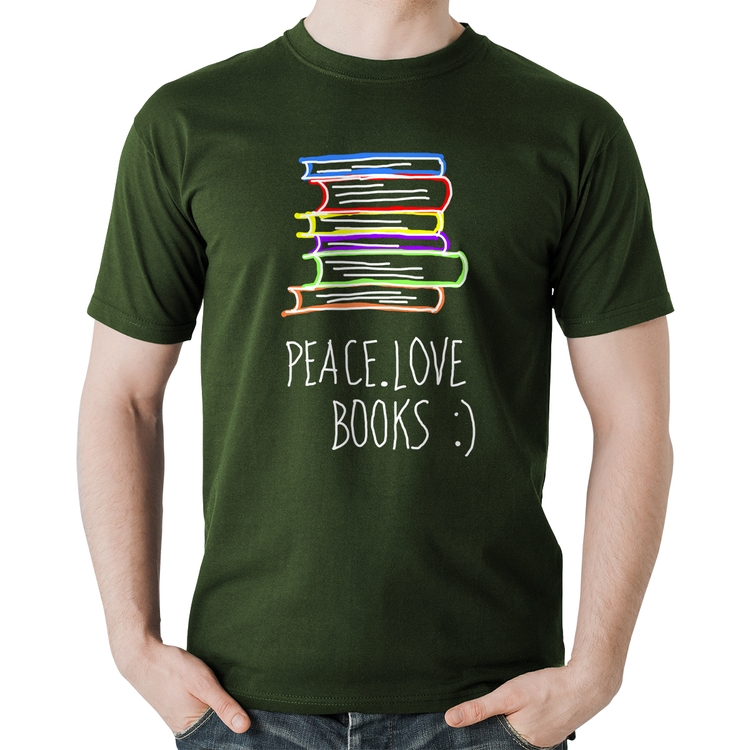 Camiseta Algodão Peace Love Books - Musgo