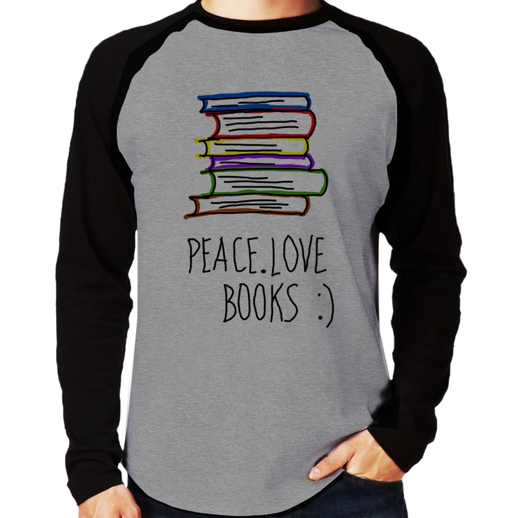 Camiseta Raglan Peace Love Books Manga Longa - Cinza/Preto