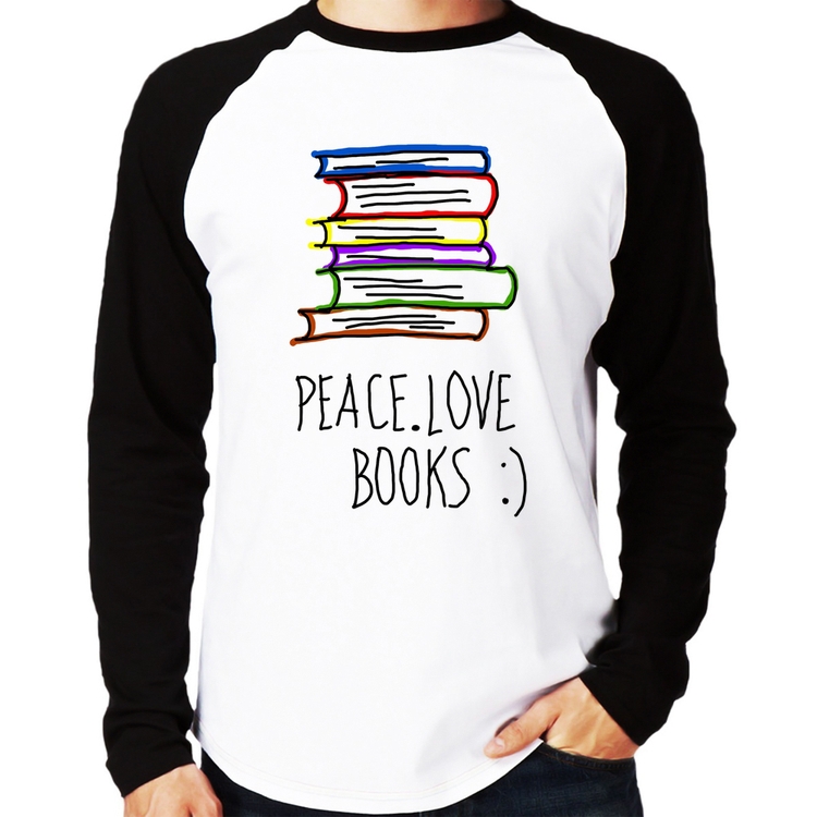 Camiseta Raglan Peace Love Books Manga Longa