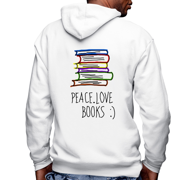 Blusa Moletom Peace Love Books Masculina com Capuz e Zíper - Branca