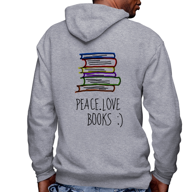 Blusa Moletom Peace Love Books Masculina com Capuz e Zíper - Mescla