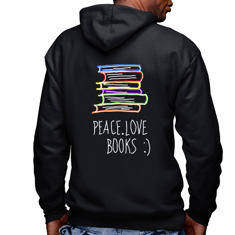 Blusa Moletom Peace Love Books Masculina com Capuz e Zíper