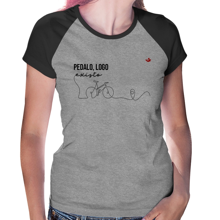 Baby Look Raglan Pedalo, logo existo - Cinza/Preto