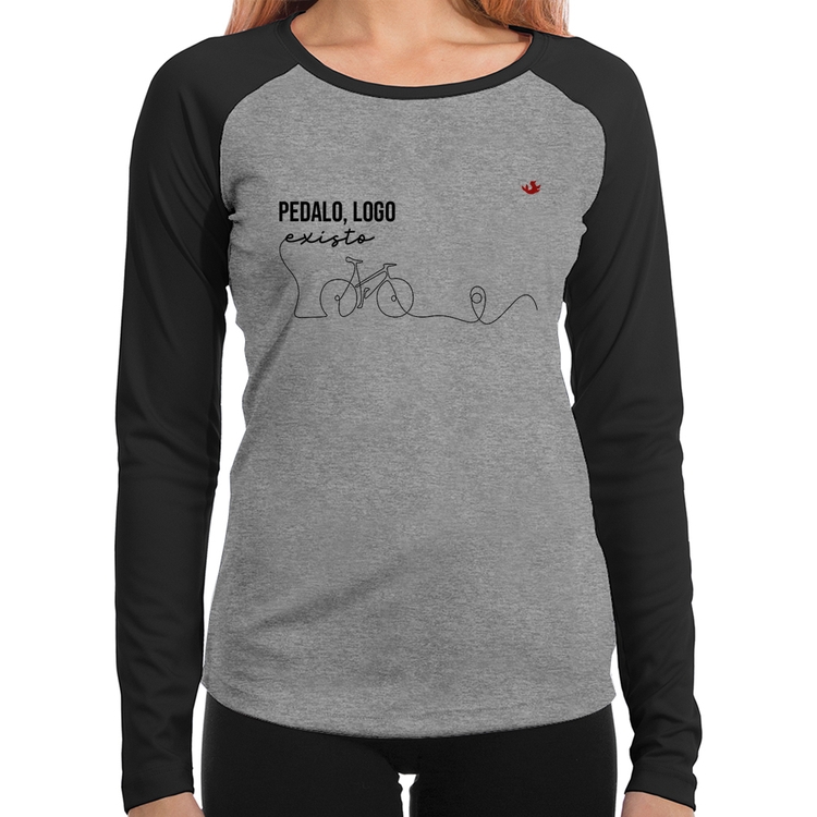Baby Look Raglan Pedalo, logo existo Manga Longa - Cinza/Preto