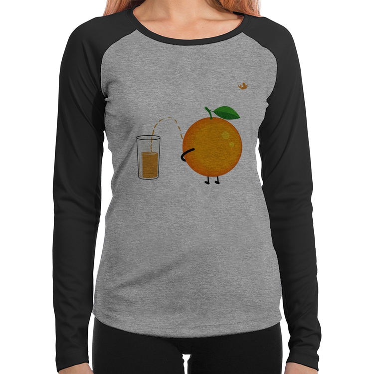 Baby Look Raglan Peeing Orange Manga Longa - Cinza/Preto
