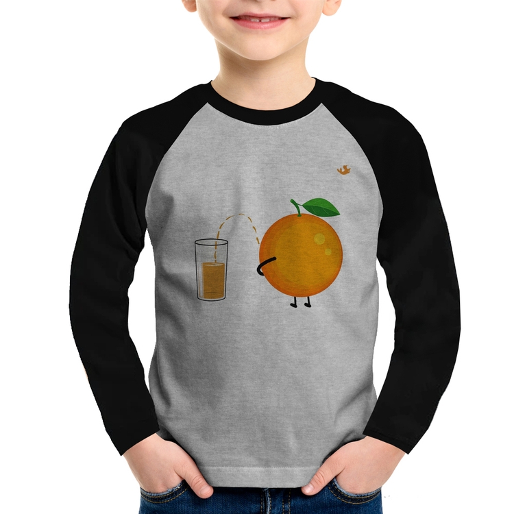 Camiseta Raglan Infantil Peeing Orange Manga Longa - Cinza/Preto