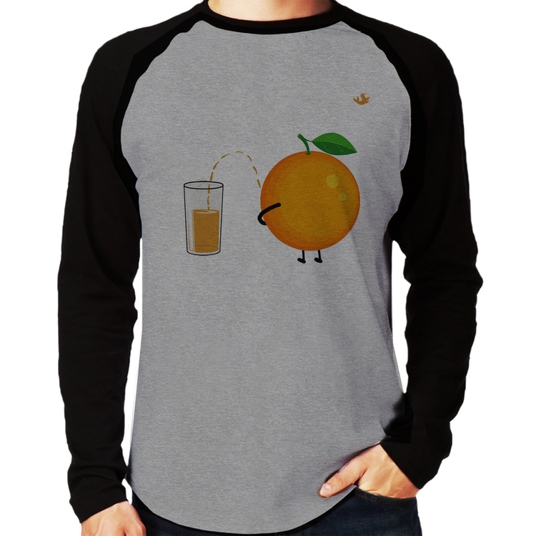 Camiseta Raglan Peeing Orange Manga Longa - Cinza/Preto