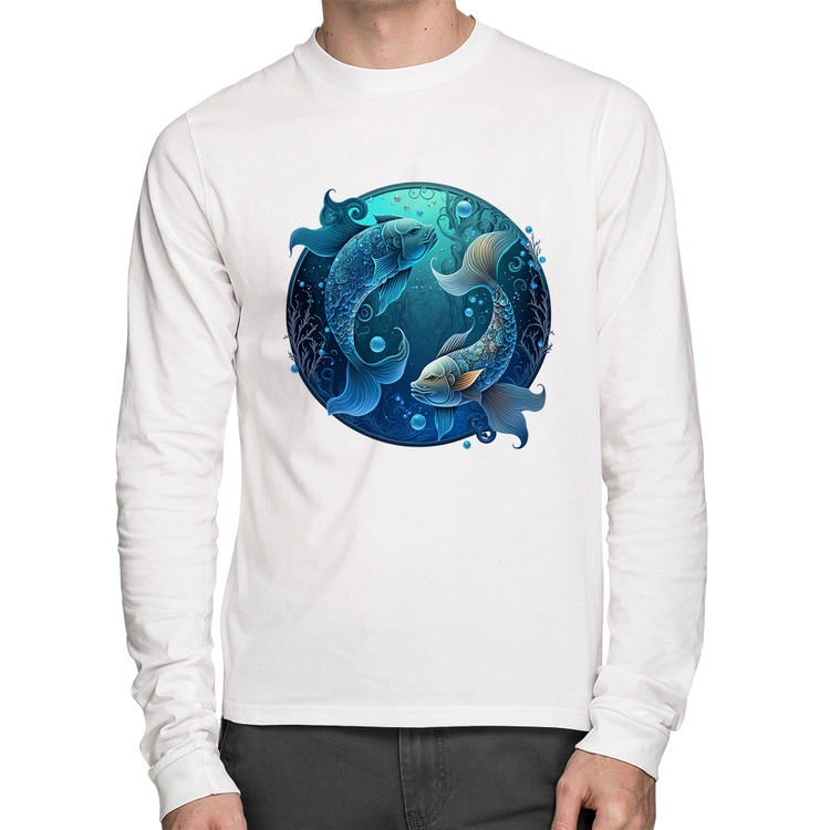 Camiseta Algodão Peixes Sígno Manga Longa - Branca