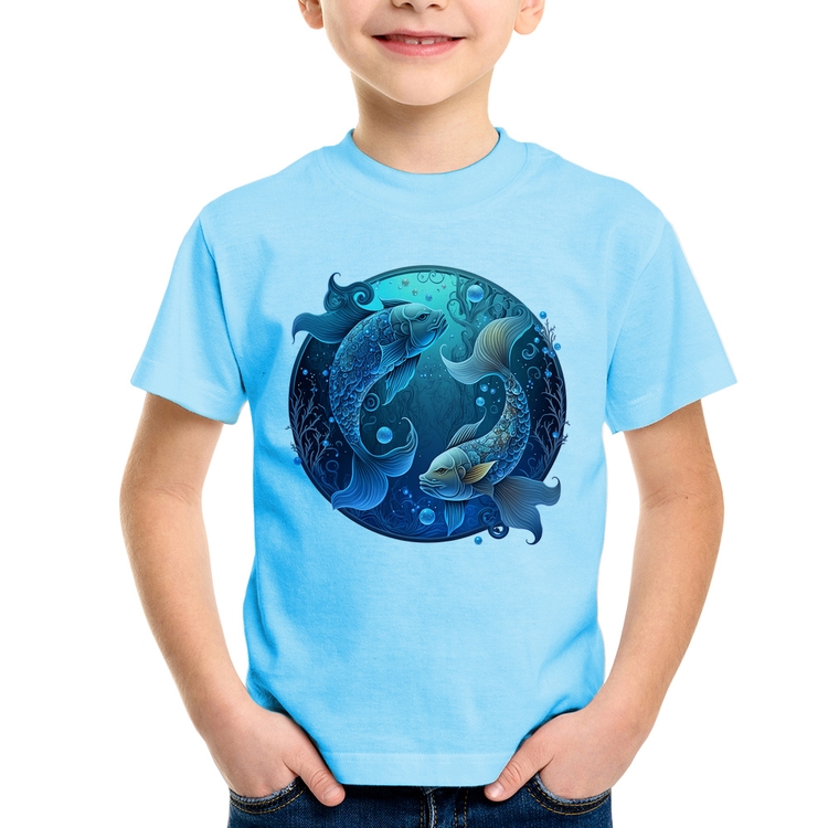 Camiseta Infantil Peixes Sígno - Azul Bebê