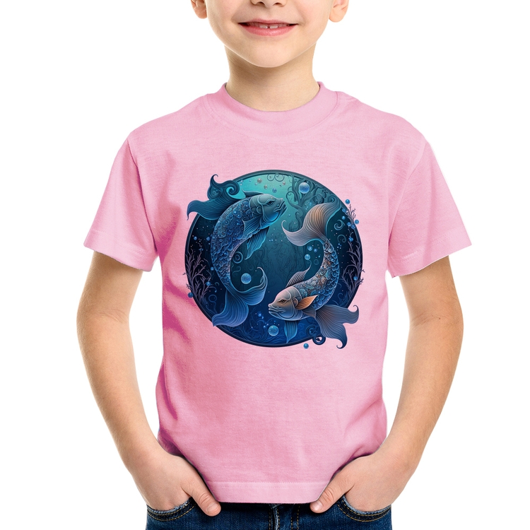 Camiseta Infantil Peixes Sígno - Rosa Bebê