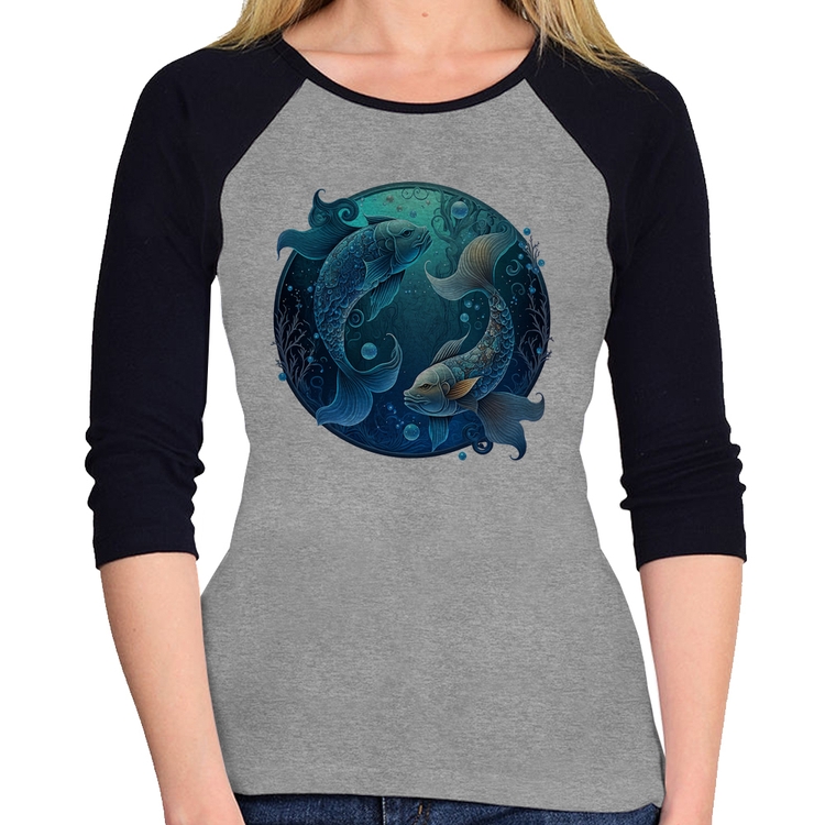 Baby Look Raglan Peixes Sígno Manga 3/4 - Cinza/Preto