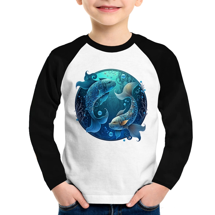 Camiseta Raglan Infantil Peixes Sígno Manga Longa